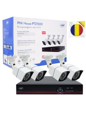 PNI House PTZ1500 5MP DVR Video Surveillance Kit - 4 Cameras and Sticky Pad Flag Package