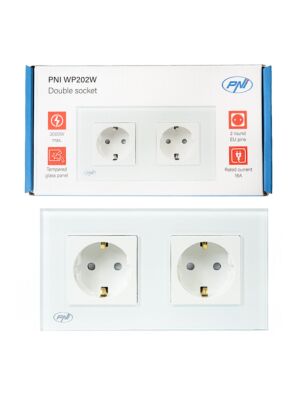 PNI WP202W built-in double socket, with glass frame, 16A, 2X3000W, 230V, white