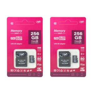 2-piece PNI 256GB MicroSD memory card pack with Class 10 SD adapter, 80 Mb/s, V30