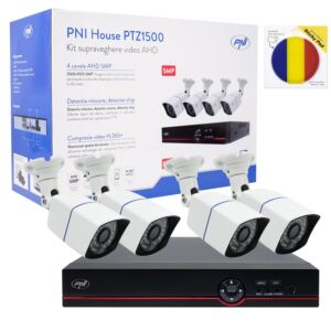 PNI House PTZ1500 5MP DVR Video Surveillance Kit - 4 Cameras and Sticky Pad Flag Package