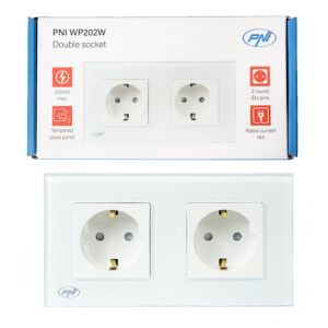 PNI WP202W built-in double socket, with glass frame, 16A, 2X3000W, 230V, white